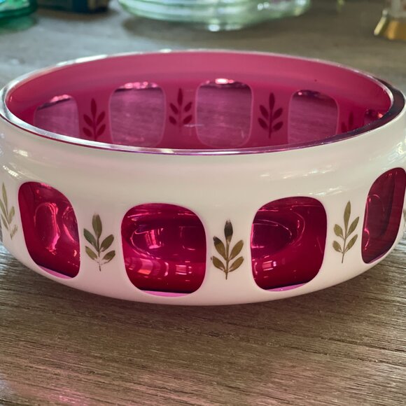 -Vintage Ruby and Milk-glass Hand Painted Bowl- Mod Kitchen Luxe - Picture 16 of 16